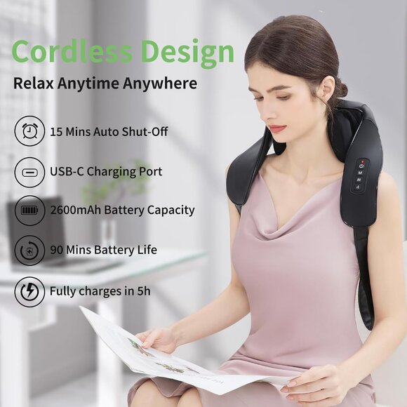 6D Shiatsu Deep Kneading Neck & Back Massager With Heat Adjustable Straps Cordle - Picture 2 of 7